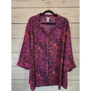 Catherines Pink Purple Orange Paisley Floral Button Up Blouse Size 3X‎
